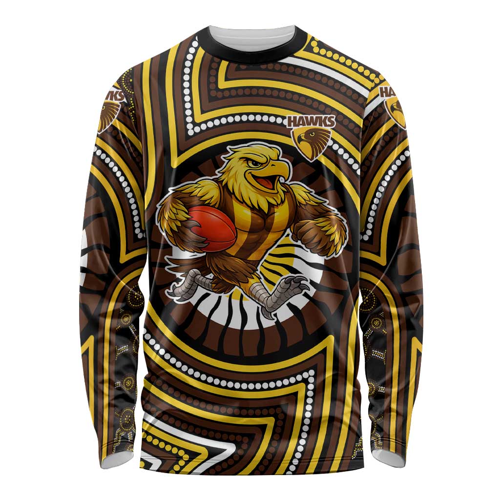 Hawthorn Hawks Long Sleeve Shirt Indigenous Monochrome Dot Art Mascot Style