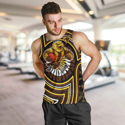 Hawthorn Hawks Men Tank Top Indigenous Monochrome Dot Art Mascot Style