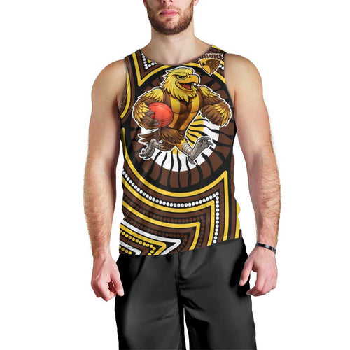 Hawthorn Hawks Men Tank Top Indigenous Monochrome Dot Art Mascot Style