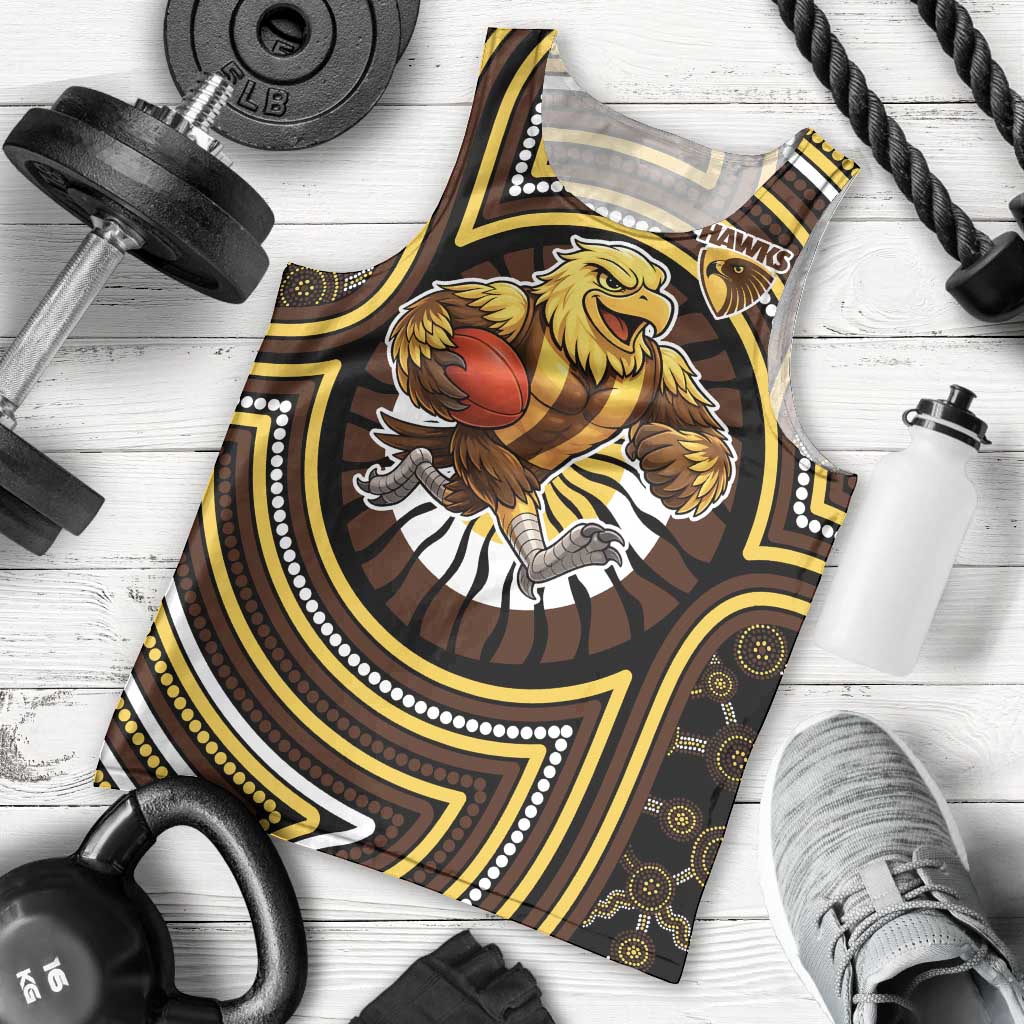 Hawthorn Hawks Men Tank Top Indigenous Monochrome Dot Art Mascot Style