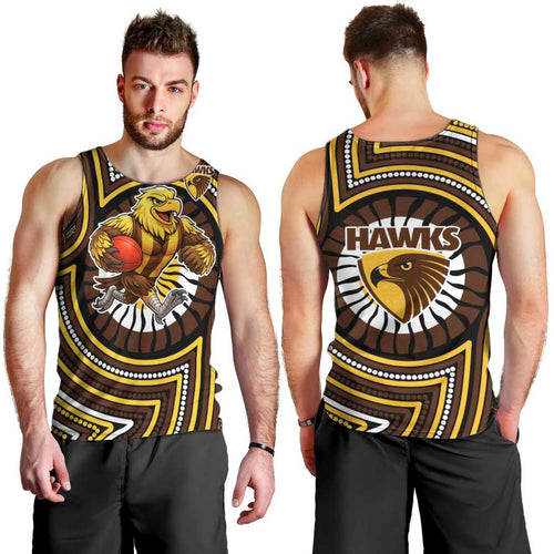 Hawthorn Hawks Men Tank Top Indigenous Monochrome Dot Art Mascot Style