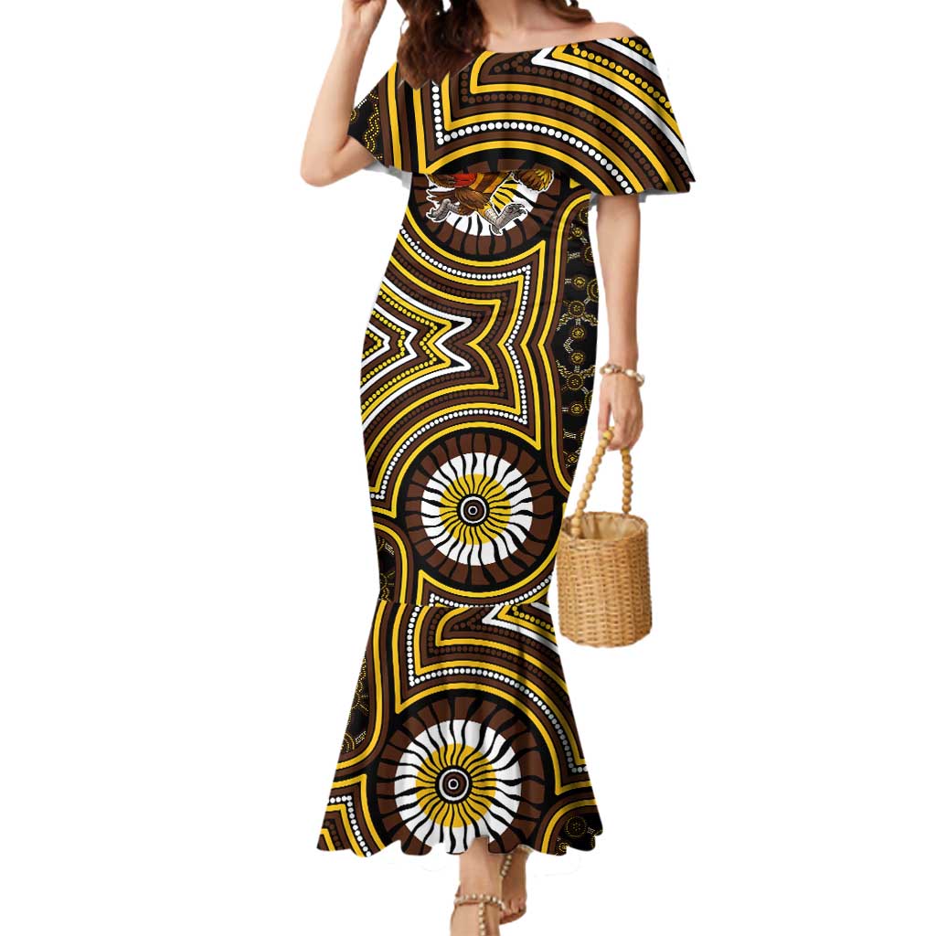Hawthorn Hawks Mermaid Dress Indigenous Monochrome Dot Art Mascot Style