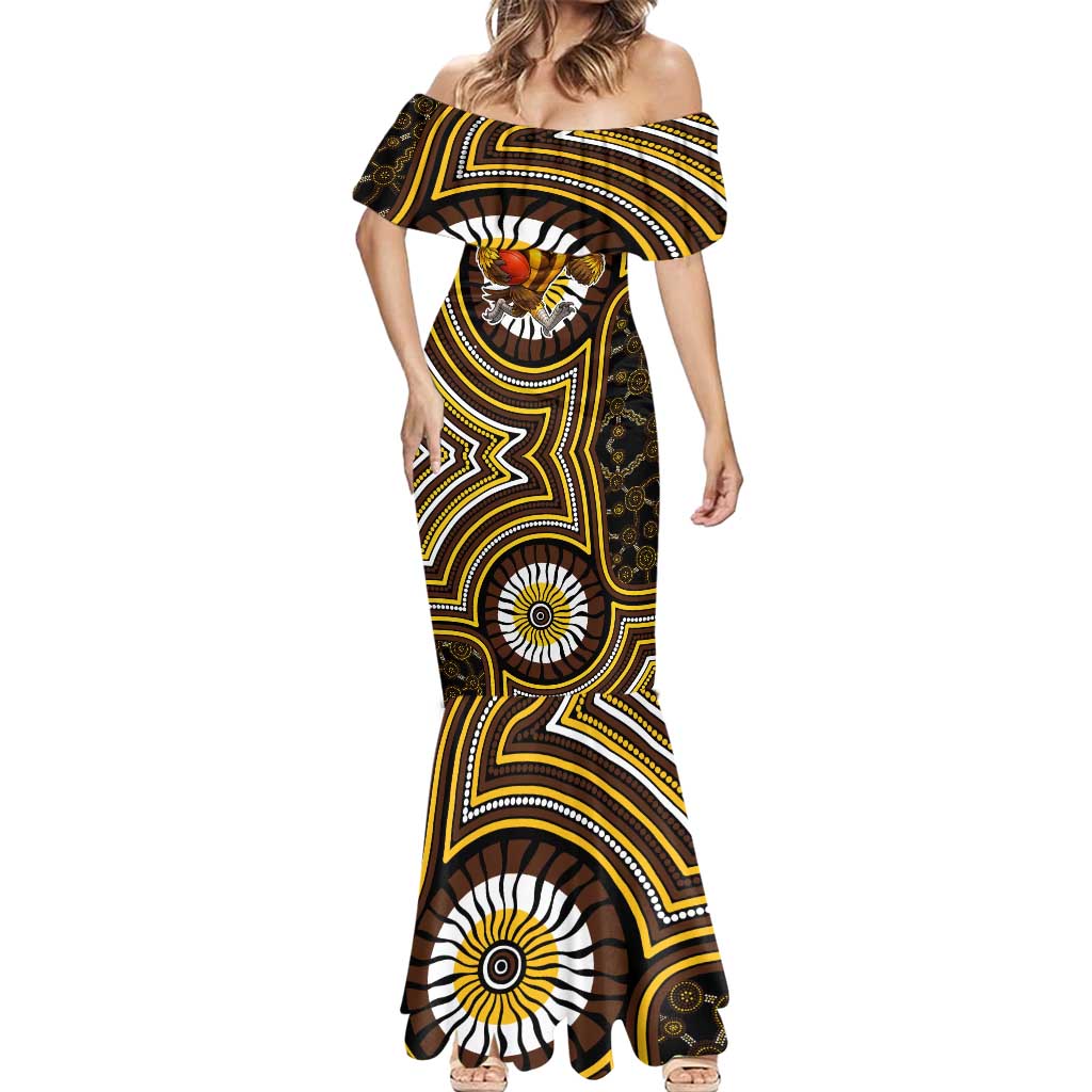 Hawthorn Hawks Mermaid Dress Indigenous Monochrome Dot Art Mascot Style