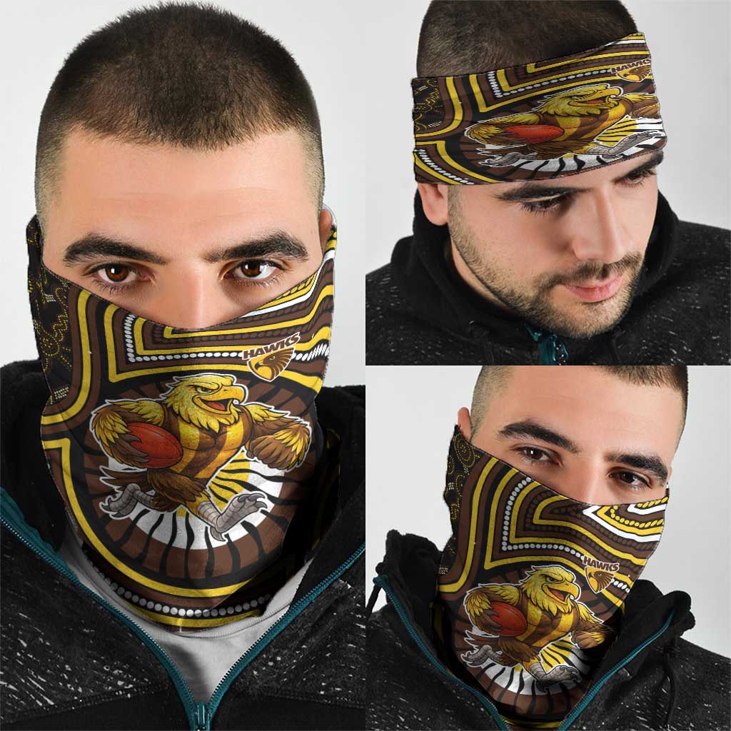 Hawthorn Hawks Neck Gaiter Indigenous Monochrome Dot Art Mascot Style