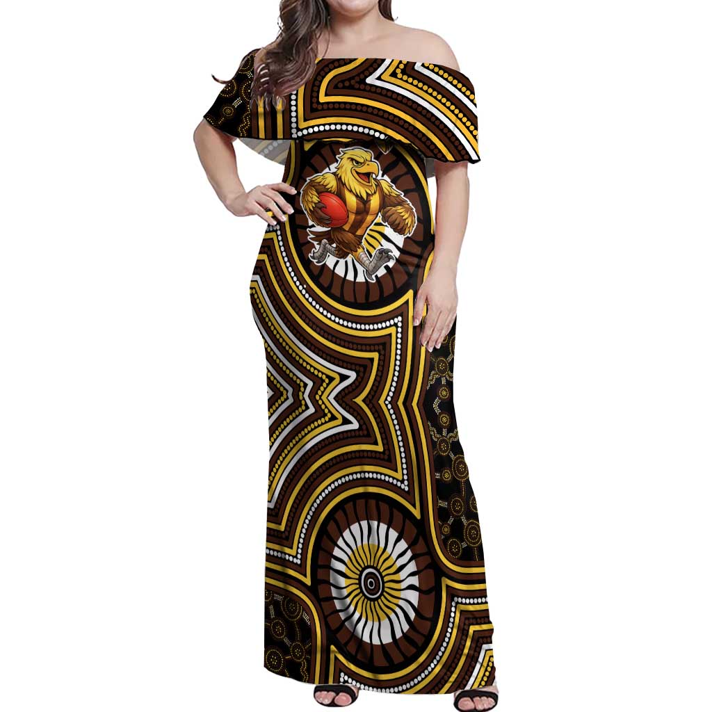 Hawthorn Hawks Off Shoulder Maxi Dress Indigenous Monochrome Dot Art Mascot Style