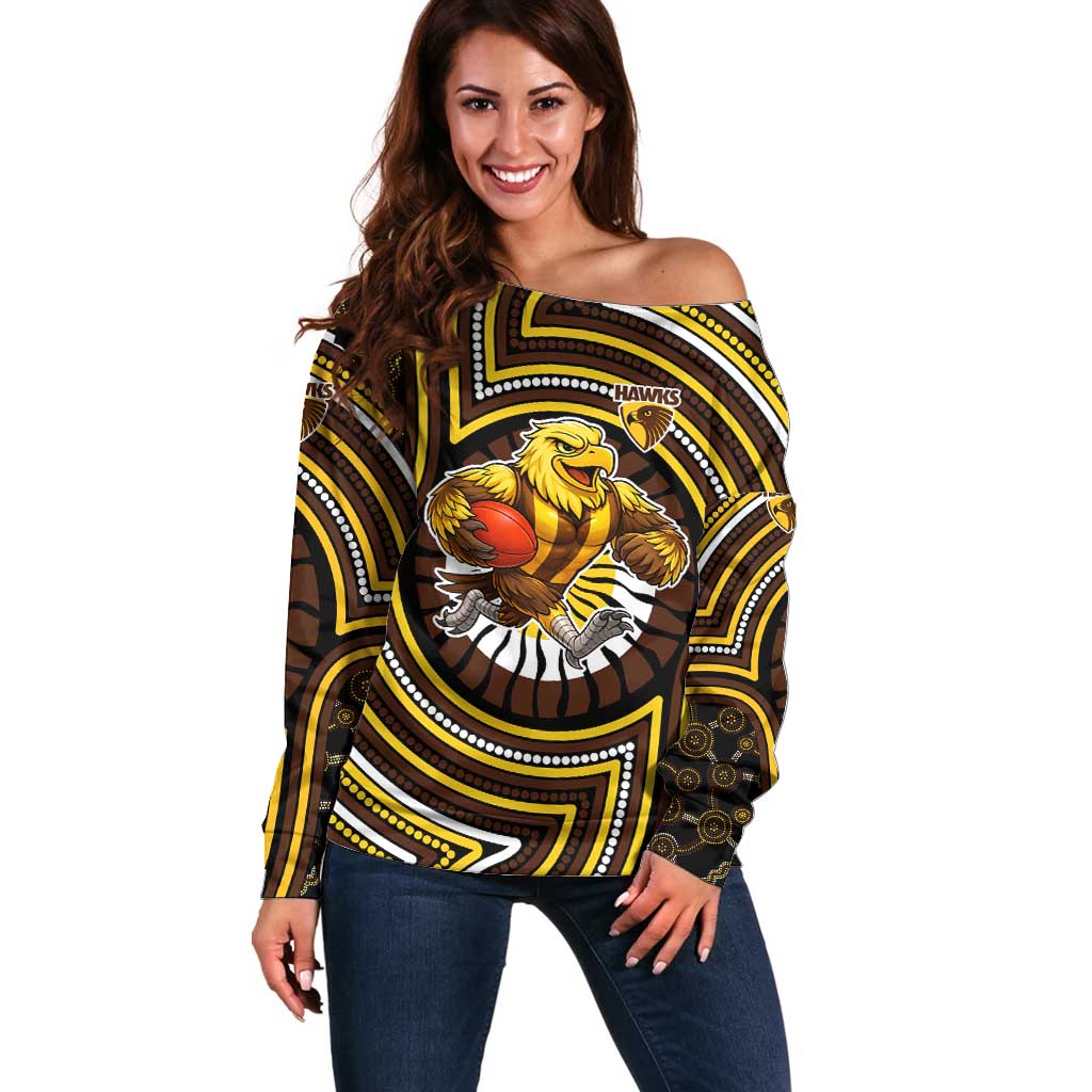 Hawthorn Hawks Off Shoulder Sweater Indigenous Monochrome Dot Art Mascot Style