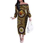 Hawthorn Hawks Off The Shoulder Long Sleeve Dress Indigenous Monochrome Dot Art Mascot Style