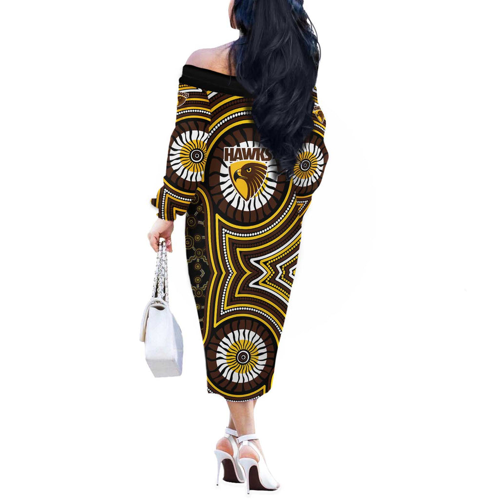 Hawthorn Hawks Off The Shoulder Long Sleeve Dress Indigenous Monochrome Dot Art Mascot Style