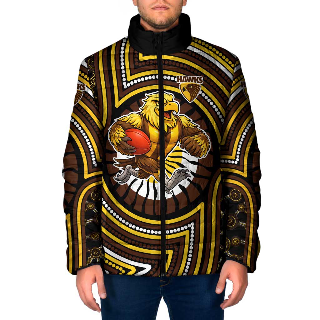Hawthorn Hawks Padded Jacket Indigenous Monochrome Dot Art Mascot Style