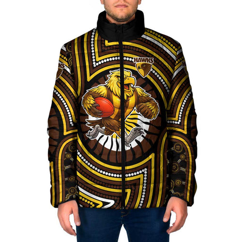 Hawthorn Hawks Padded Jacket Indigenous Monochrome Dot Art Mascot Style