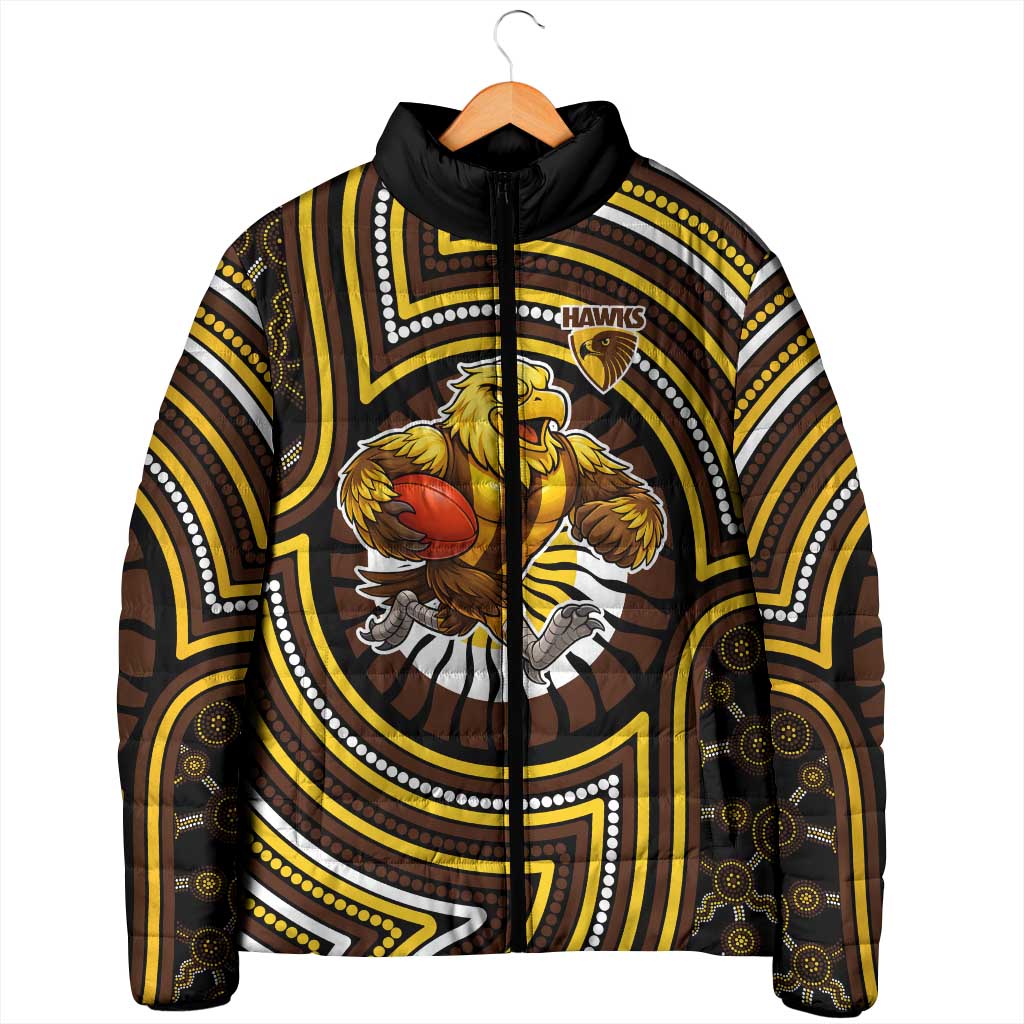 Hawthorn Hawks Padded Jacket Indigenous Monochrome Dot Art Mascot Style