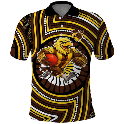 Hawthorn Hawks Polo Shirt Indigenous Monochrome Dot Art Mascot Style