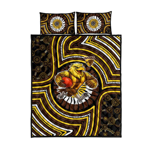 Hawthorn Hawks Quilt Bed Set Indigenous Monochrome Dot Art Mascot Style