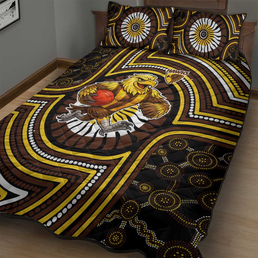 Hawthorn Hawks Quilt Bed Set Indigenous Monochrome Dot Art Mascot Style