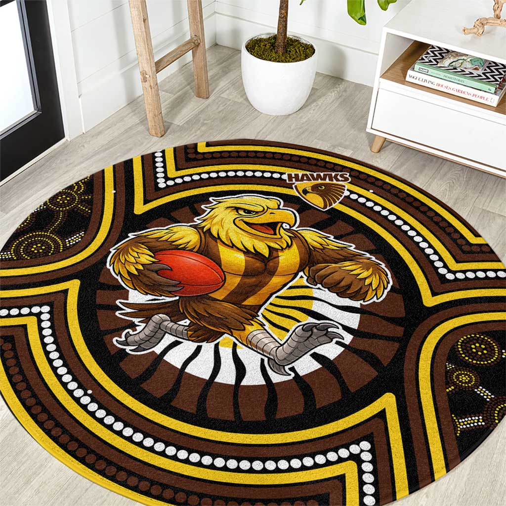 Hawthorn Hawks Round Carpet Indigenous Monochrome Dot Art Mascot Style