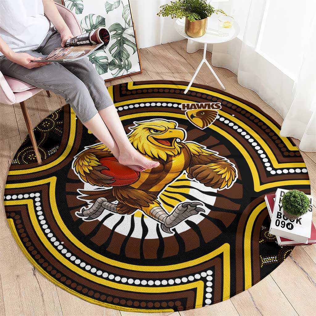 Hawthorn Hawks Round Carpet Indigenous Monochrome Dot Art Mascot Style