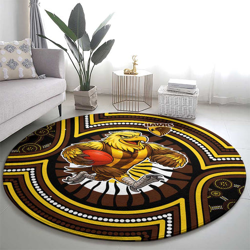 Hawthorn Hawks Round Carpet Indigenous Monochrome Dot Art Mascot Style