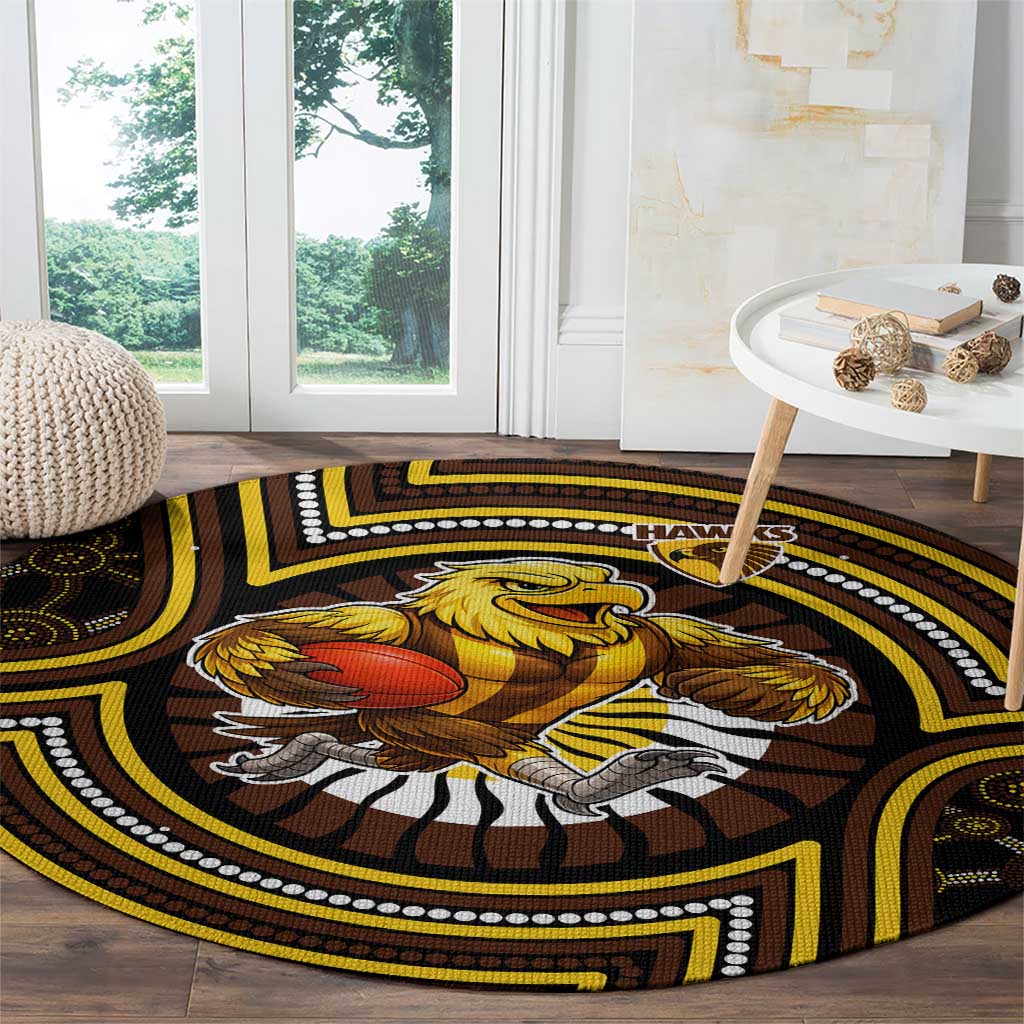 Hawthorn Hawks Round Carpet Indigenous Monochrome Dot Art Mascot Style
