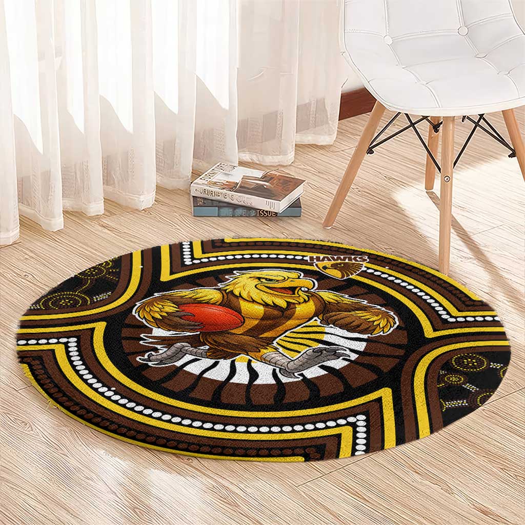 Hawthorn Hawks Round Carpet Indigenous Monochrome Dot Art Mascot Style