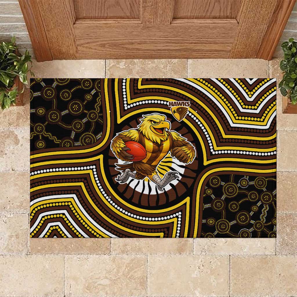 Hawthorn Hawks Rubber Doormat Indigenous Monochrome Dot Art Mascot Style
