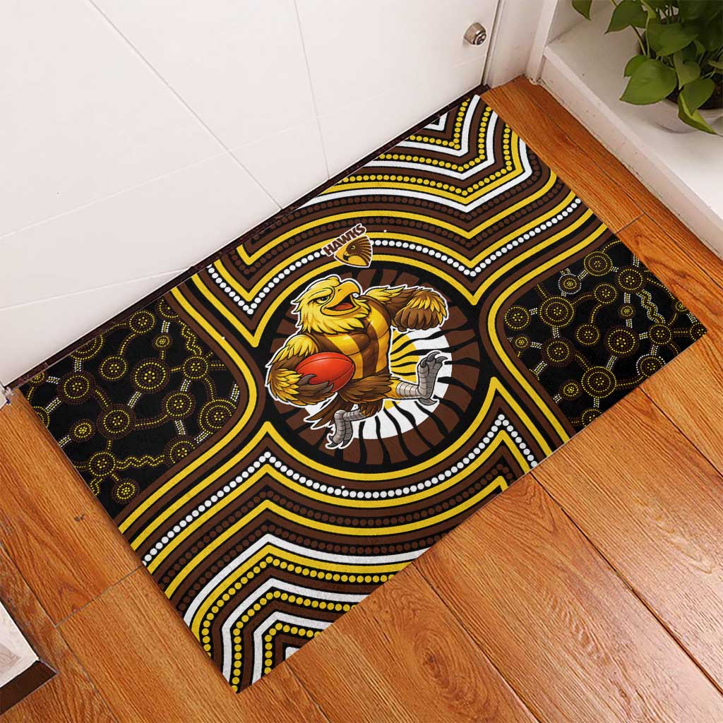 Hawthorn Hawks Rubber Doormat Indigenous Monochrome Dot Art Mascot Style