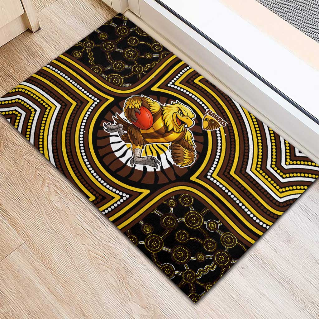 Hawthorn Hawks Rubber Doormat Indigenous Monochrome Dot Art Mascot Style