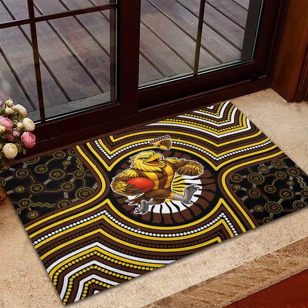 Hawthorn Hawks Rubber Doormat Indigenous Monochrome Dot Art Mascot Style