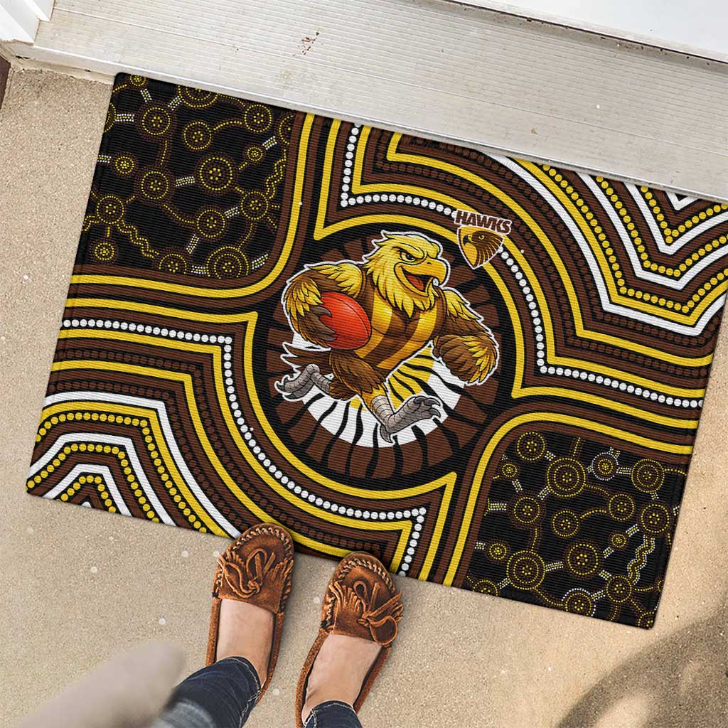Hawthorn Hawks Rubber Doormat Indigenous Monochrome Dot Art Mascot Style