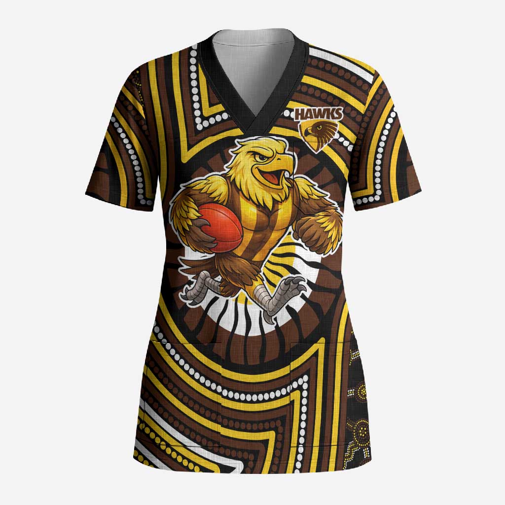 Hawthorn Hawks Scrub Top Indigenous Monochrome Dot Art Mascot Style