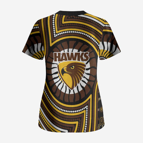 Hawthorn Hawks Scrub Top Indigenous Monochrome Dot Art Mascot Style