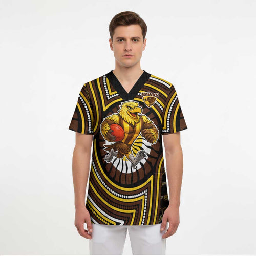 Hawthorn Hawks Scrub Top Indigenous Monochrome Dot Art Mascot Style