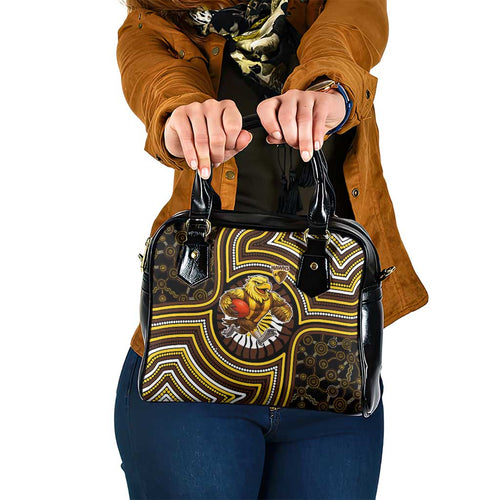 Hawthorn Hawks Shoulder Handbag Indigenous Monochrome Dot Art Mascot Style