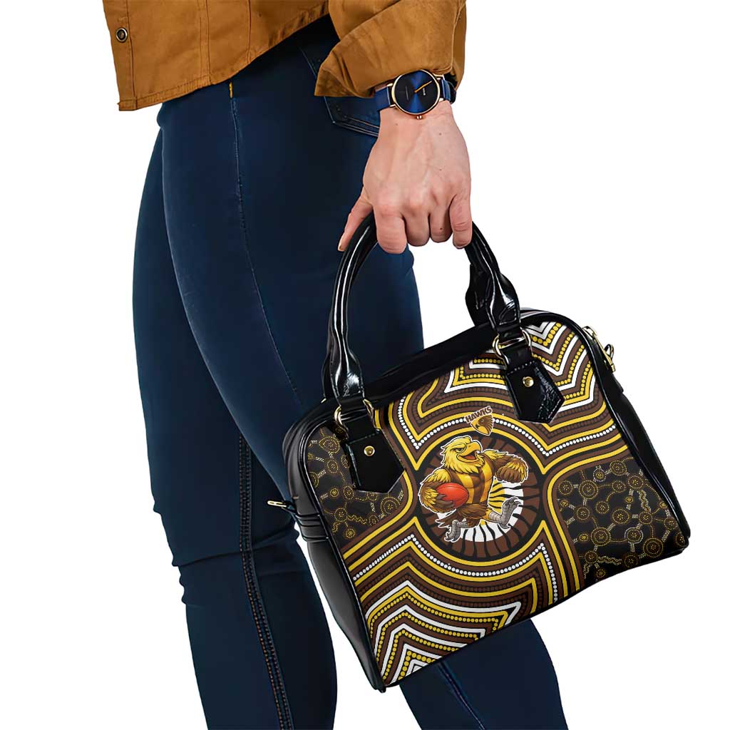 Hawthorn Hawks Shoulder Handbag Indigenous Monochrome Dot Art Mascot Style