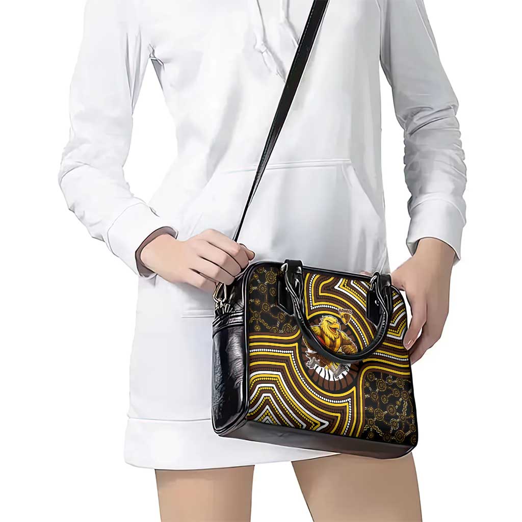 Hawthorn Hawks Shoulder Handbag Indigenous Monochrome Dot Art Mascot Style