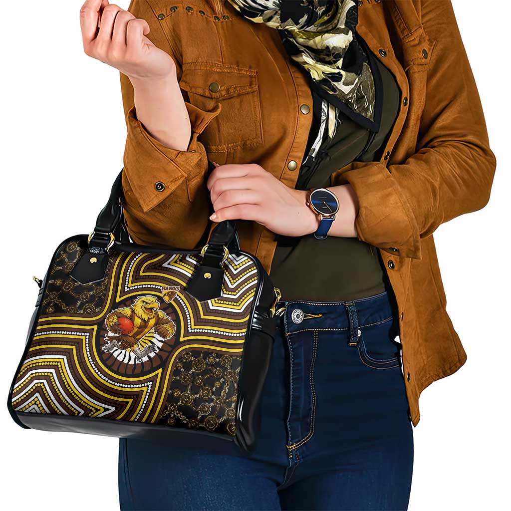Hawthorn Hawks Shoulder Handbag Indigenous Monochrome Dot Art Mascot Style