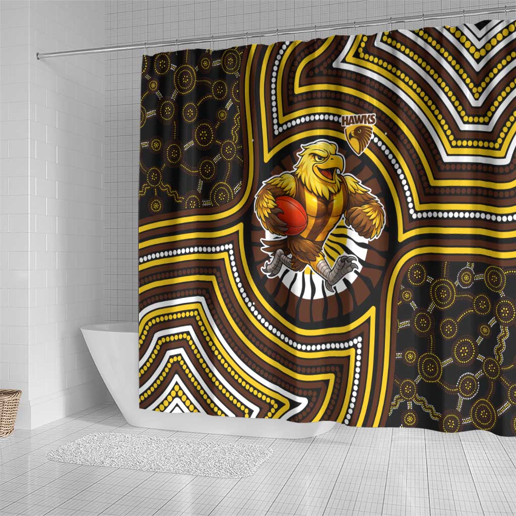 Hawthorn Hawks Shower Curtain Indigenous Monochrome Dot Art Mascot Style
