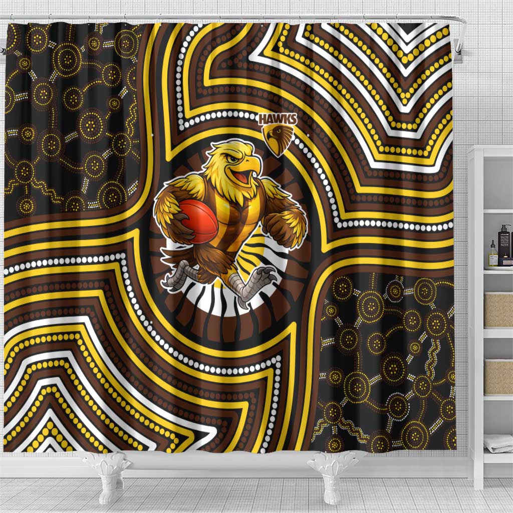 Hawthorn Hawks Shower Curtain Indigenous Monochrome Dot Art Mascot Style