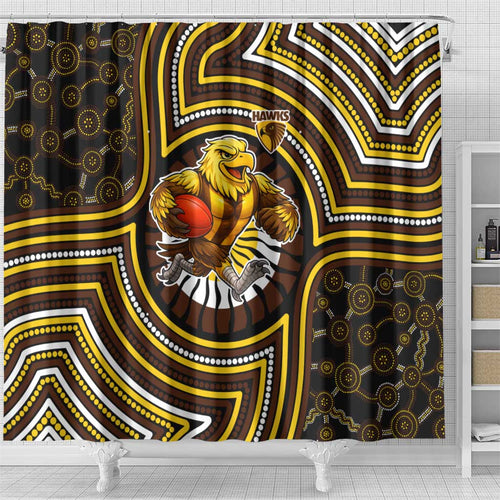 Hawthorn Hawks Shower Curtain Indigenous Monochrome Dot Art Mascot Style