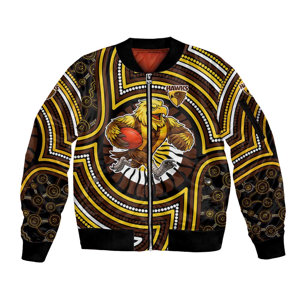 Hawthorn Hawks Sleeve Zip Bomber Jacket Indigenous Monochrome Dot Art Mascot Style