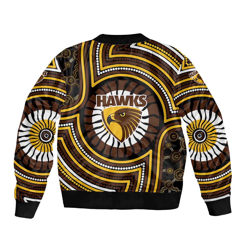 Hawthorn Hawks Sleeve Zip Bomber Jacket Indigenous Monochrome Dot Art Mascot Style