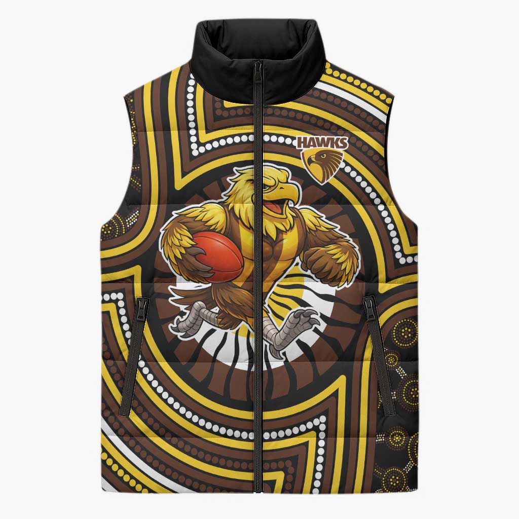 Hawthorn Hawks Sleeveless Puffer Jacket Indigenous Monochrome Dot Art Mascot Style
