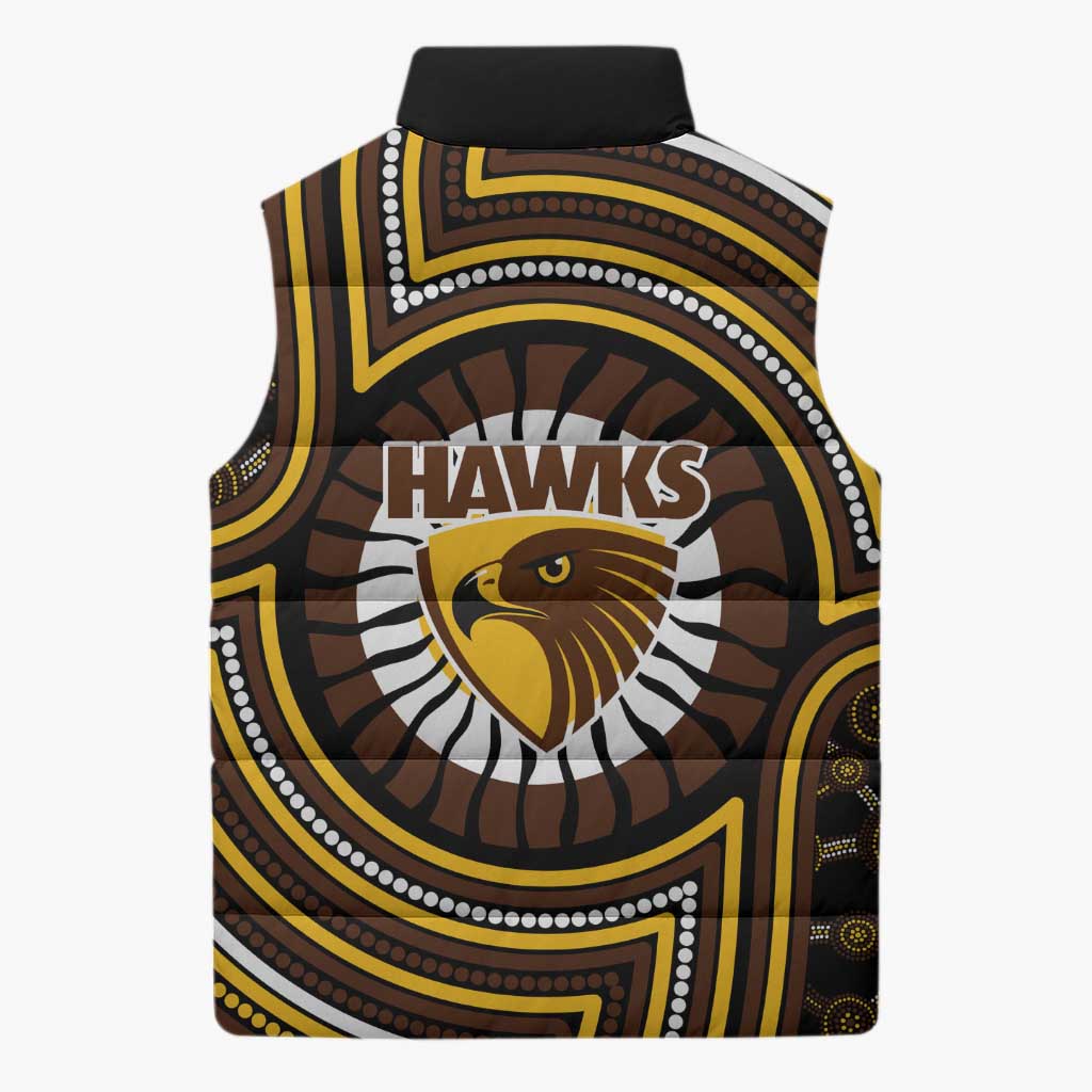Hawthorn Hawks Sleeveless Puffer Jacket Indigenous Monochrome Dot Art Mascot Style