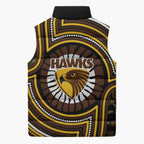 Hawthorn Hawks Sleeveless Puffer Jacket Indigenous Monochrome Dot Art Mascot Style
