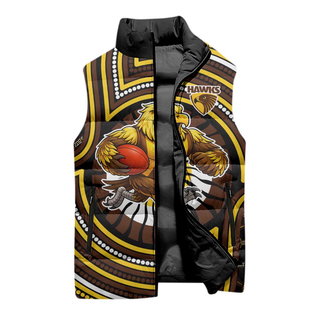 Hawthorn Hawks Sleeveless Puffer Jacket Indigenous Monochrome Dot Art Mascot Style