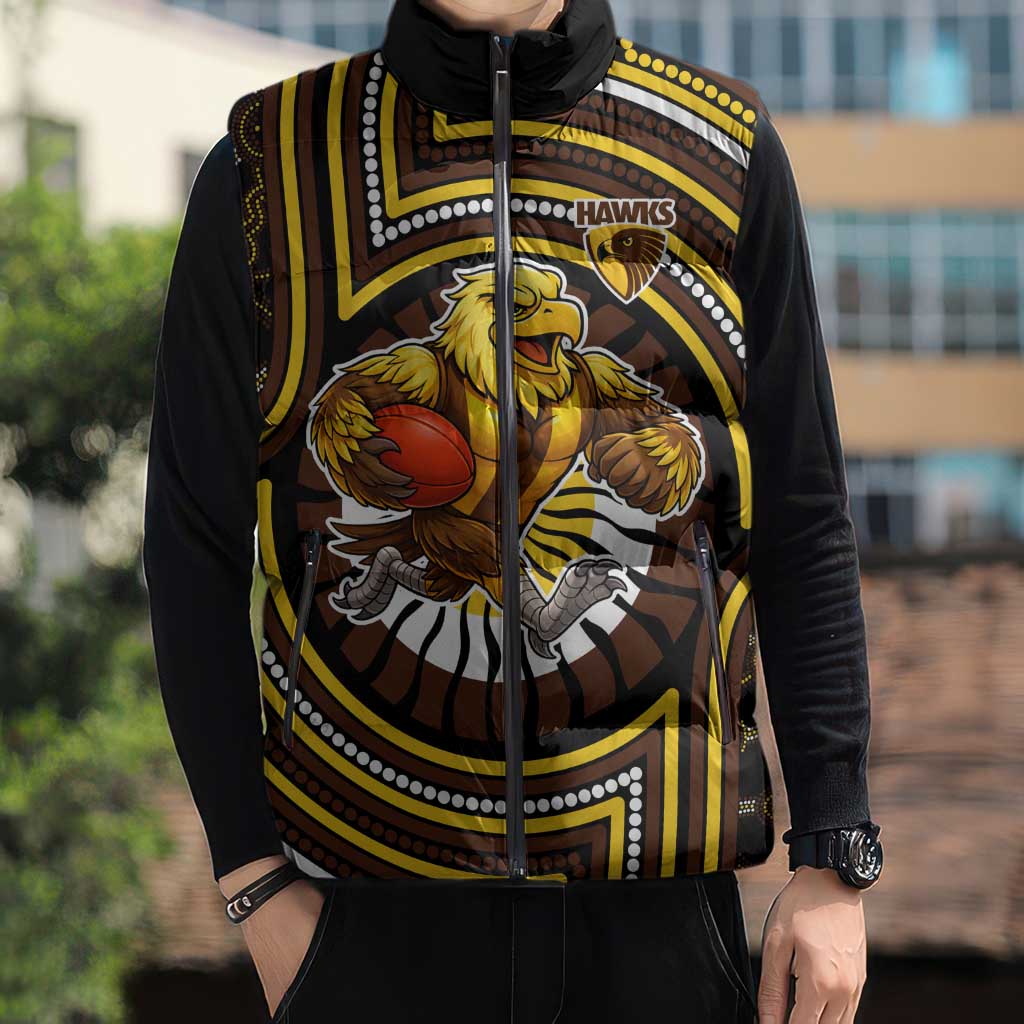 Hawthorn Hawks Sleeveless Puffer Jacket Indigenous Monochrome Dot Art Mascot Style