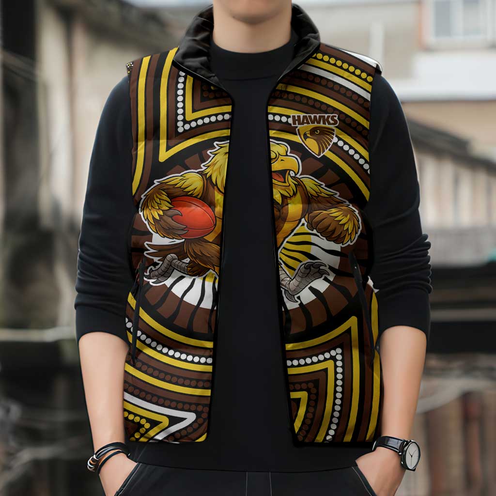 Hawthorn Hawks Sleeveless Puffer Jacket Indigenous Monochrome Dot Art Mascot Style