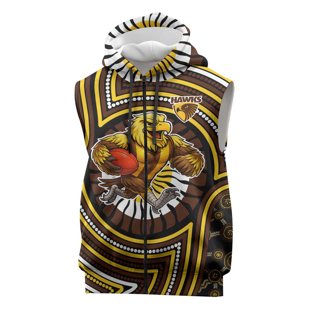 Hawthorn Hawks Sleeveless Zip Hoodie Indigenous Monochrome Dot Art Mascot Style