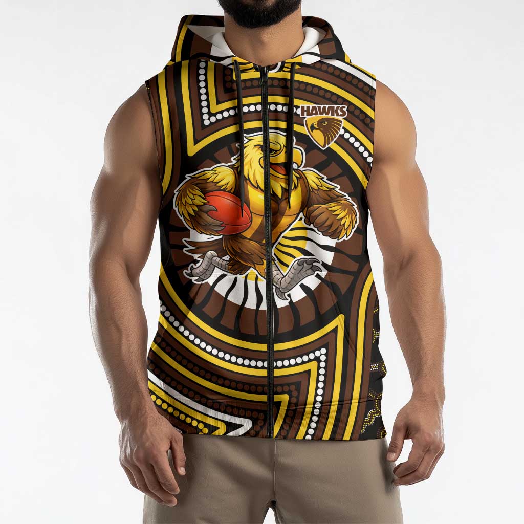 Hawthorn Hawks Sleeveless Zip Hoodie Indigenous Monochrome Dot Art Mascot Style