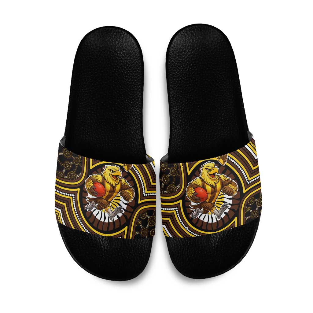 Hawthorn Hawks Slide Sandals Indigenous Monochrome Dot Art Mascot Style