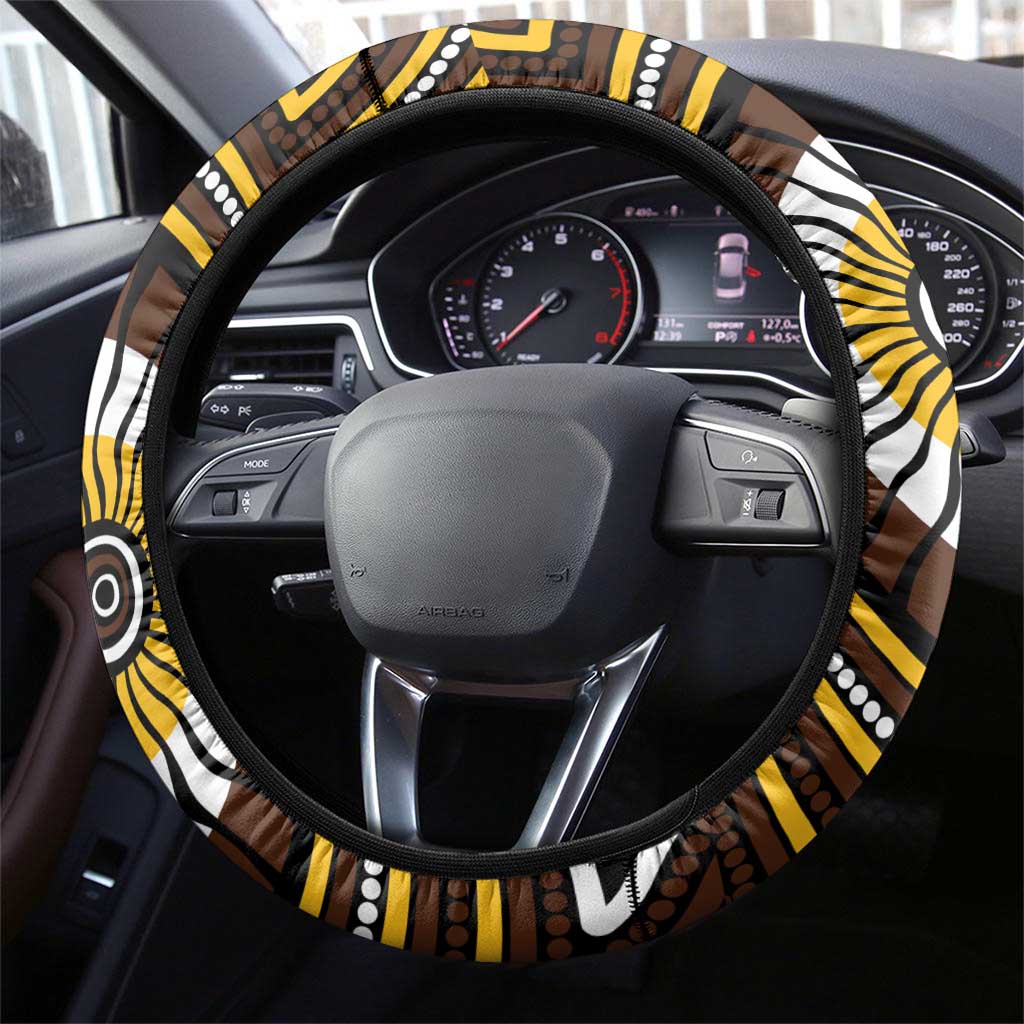 Hawthorn Hawks Steering Wheel Cover Indigenous Monochrome Dot Art Mascot Style